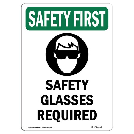 OSHA SAFETY FIRST Sign, Safety Glasses Required W/ Symbol, 5in X 3.5in Decal